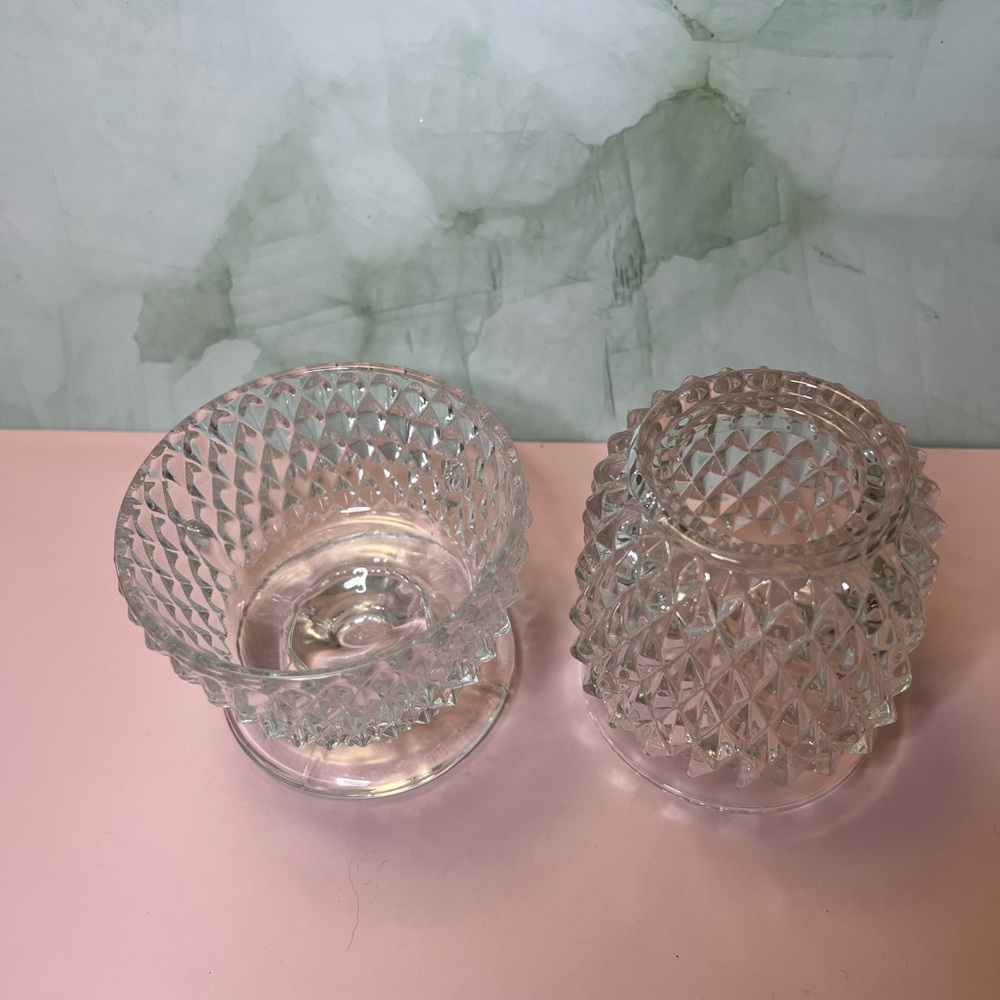 Vintage Indiana Glass Diamond Point Clear Fairy Lamp 2 Pc Candle Votive Holder - Picture 5 of 8
